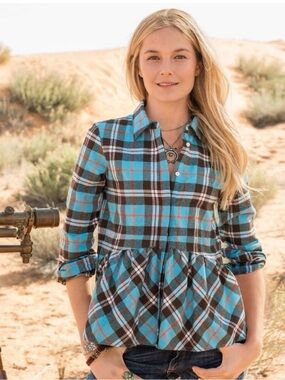 SUNDANCE Plaid Peplum Button-Front Baby Doll Top in Turquoise and Brown M